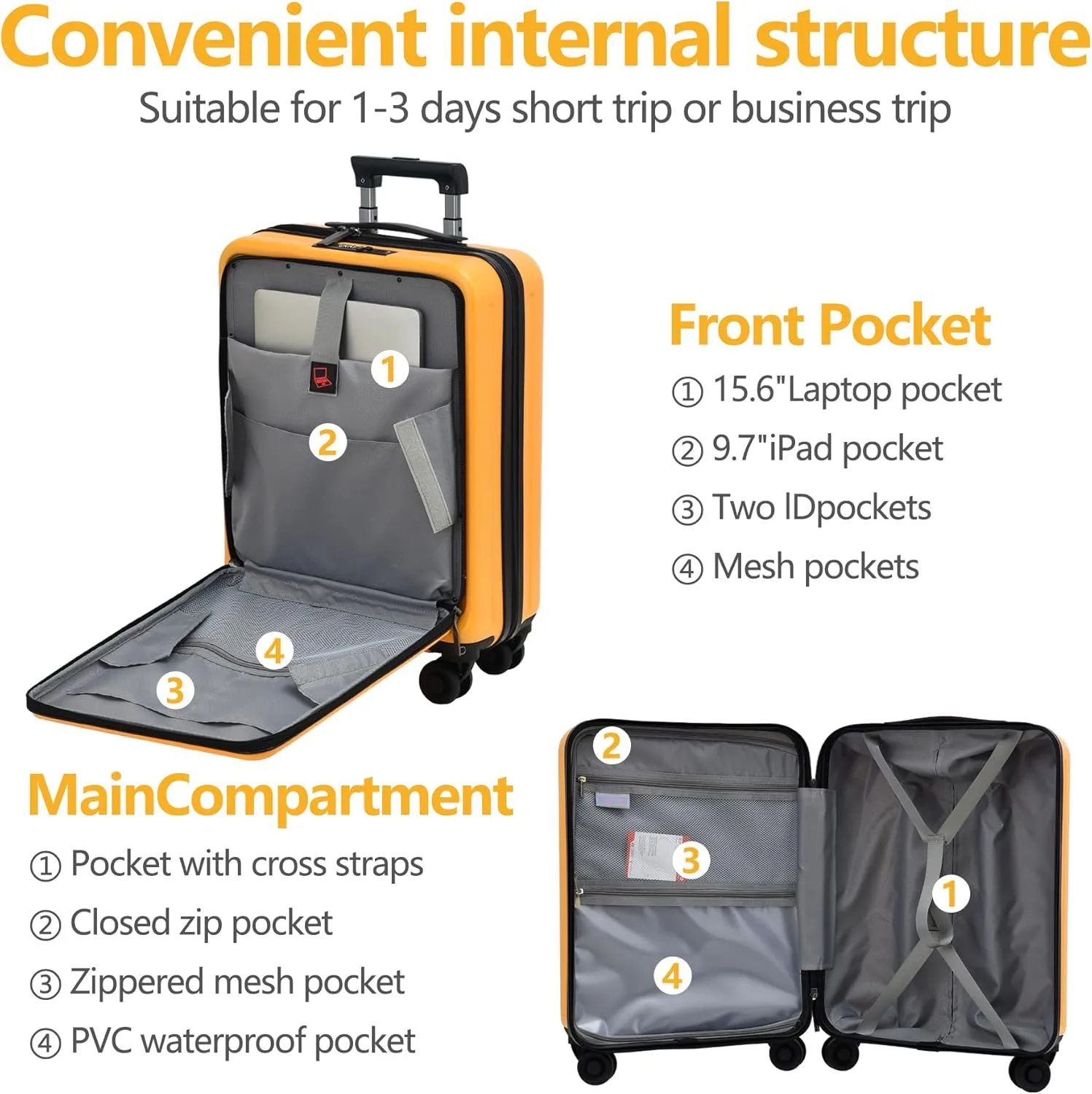 TydeCkare 20 Inch Carry On Luggage with Front Pocket, 21.65 * 15.35 * 7.87" Suitable for Airplane Overhead Bin, 34L PC ABS Hardshell, Orange