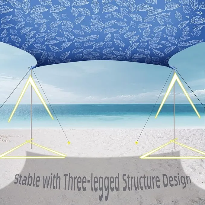 UMARDOO FamiLy Beach Tent Canopy Sun shade Portable, Large Compact Beach Sun Shelter Easy Setup with Packable Bag for Outdoor Travel (Printed Blue, 10X10 FT. 4Poles)