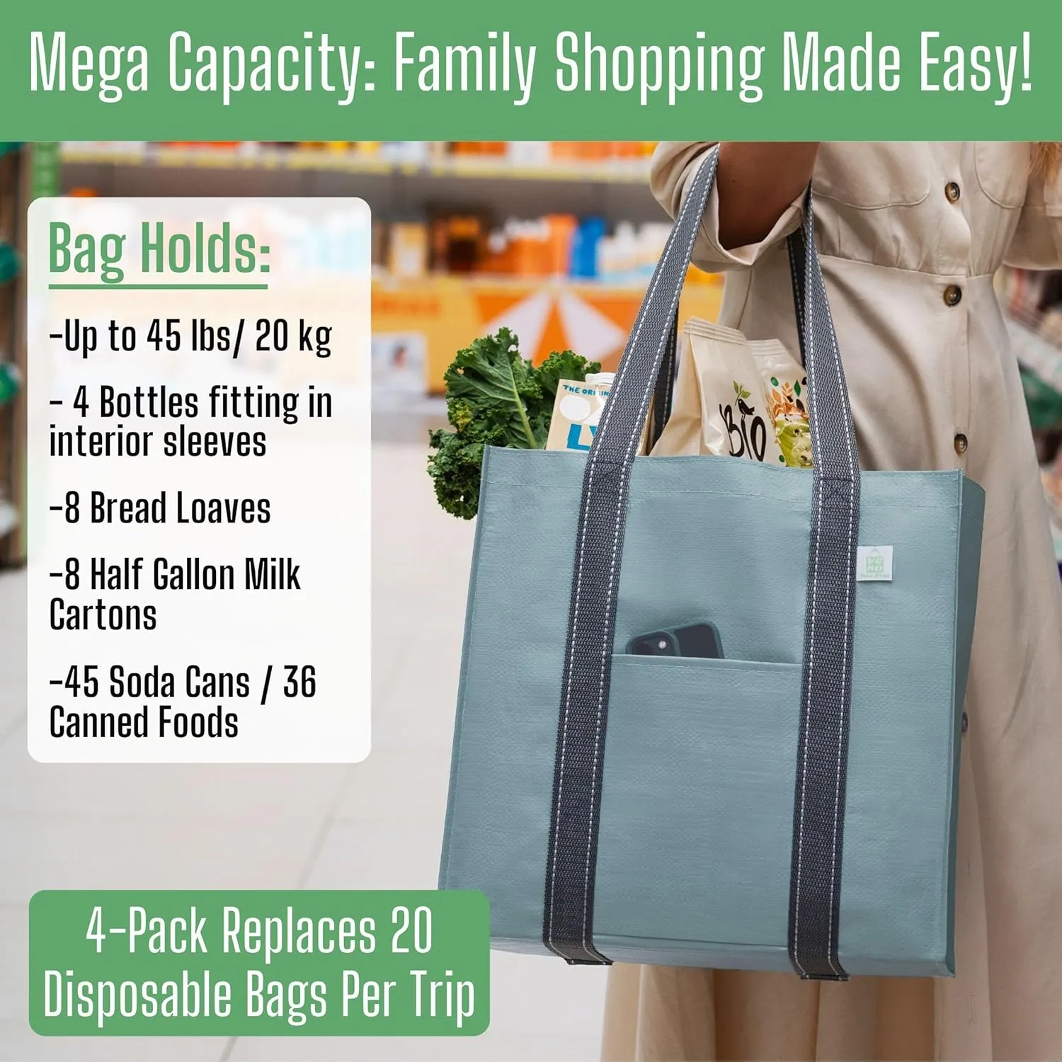 VENO 4 Pack Large Reusable Grocery Shopping Bags, Tote Bag w/ 4 Pockets & Hard Bottom, Heavy Duty Wine Carrier - Blue