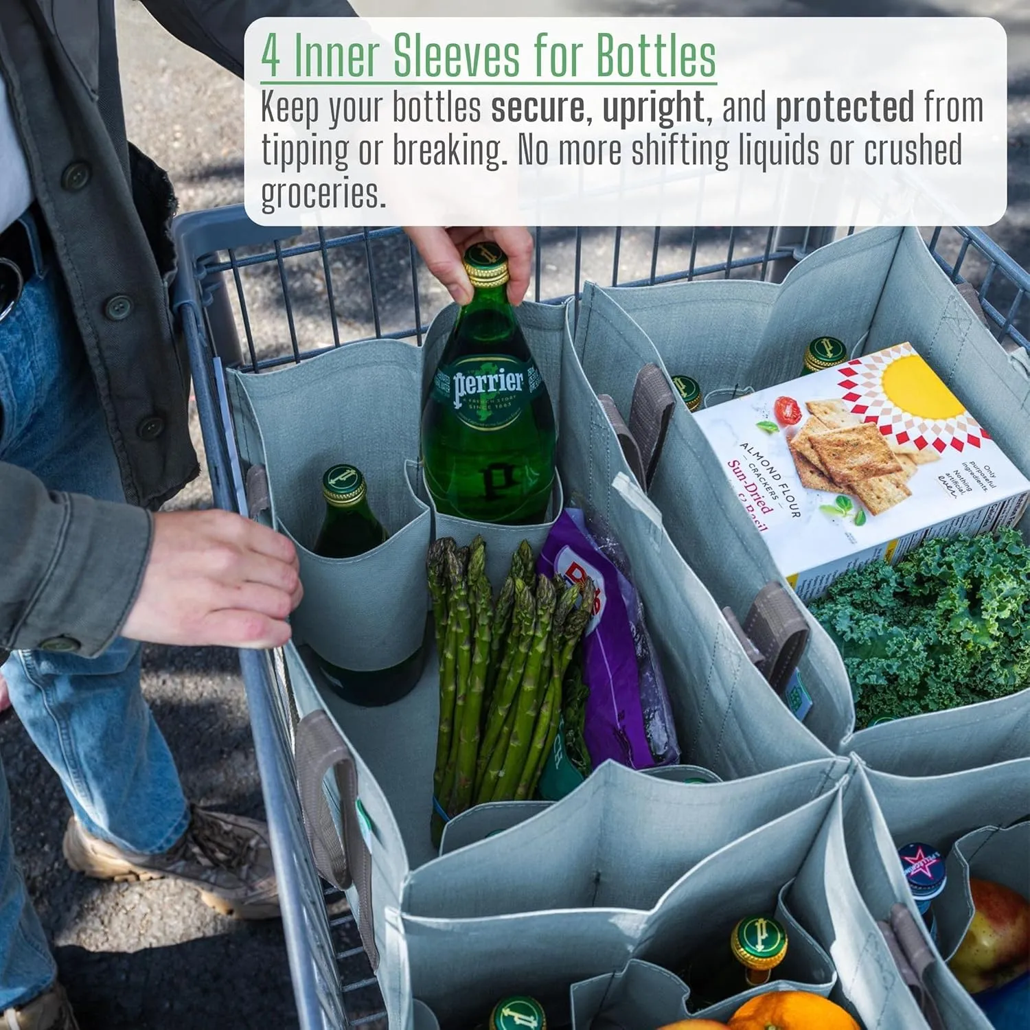 VENO 4 Pack Large Reusable Grocery Shopping Bags, Tote Bag w/ 4 Pockets & Hard Bottom, Heavy Duty Wine Carrier - Blue