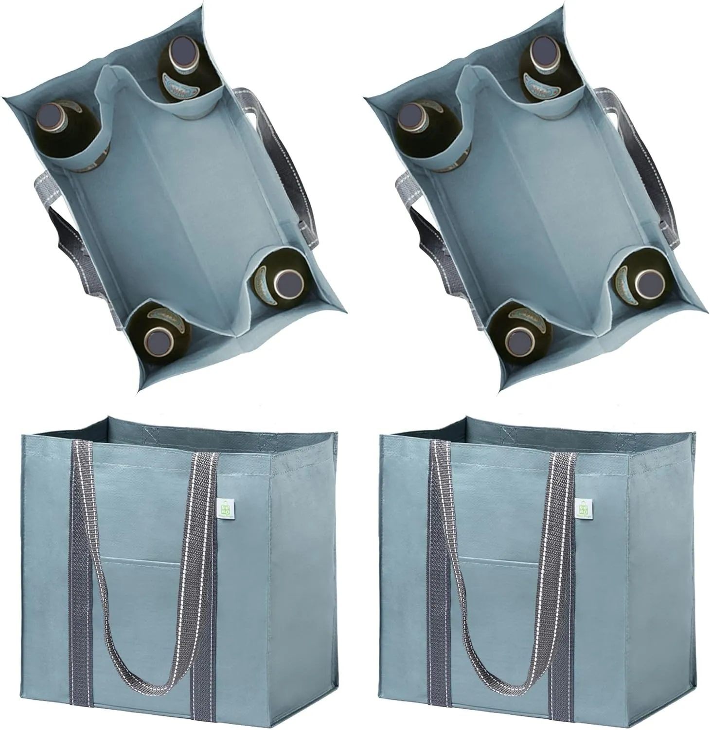 VENO 4 Pack Large Reusable Grocery Shopping Bags, Tote Bag w/ 4 Pockets & Hard Bottom, Heavy Duty Wine Carrier - Blue