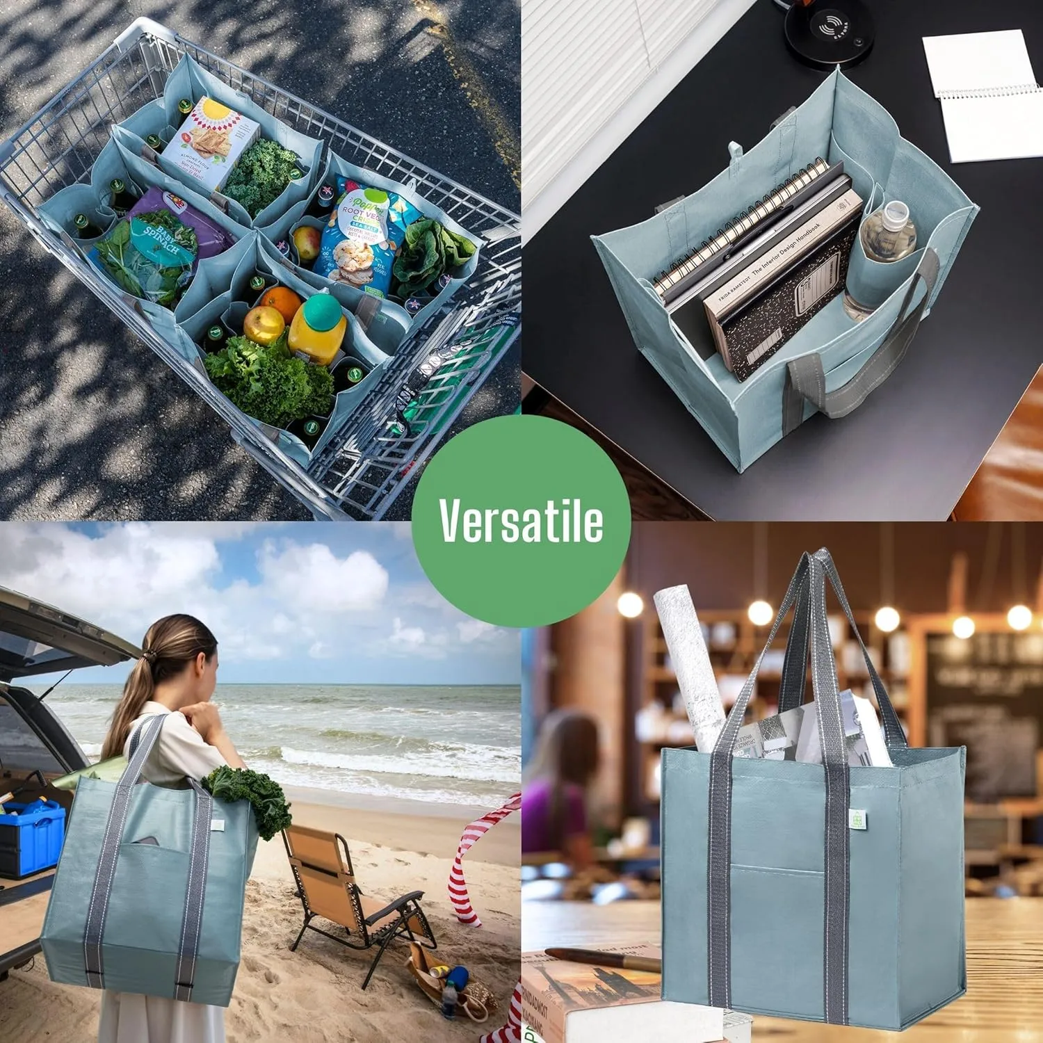 VENO 4 Pack Large Reusable Grocery Shopping Bags, Tote Bag w/ 4 Pockets & Hard Bottom, Heavy Duty Wine Carrier - Blue