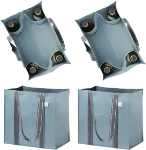 VENO 4 Pack Large Reusable Grocery Shopping Bags, Tote Bag w/ 4 Pockets & Hard Bottom, Heavy Duty Wine Carrier - Blue