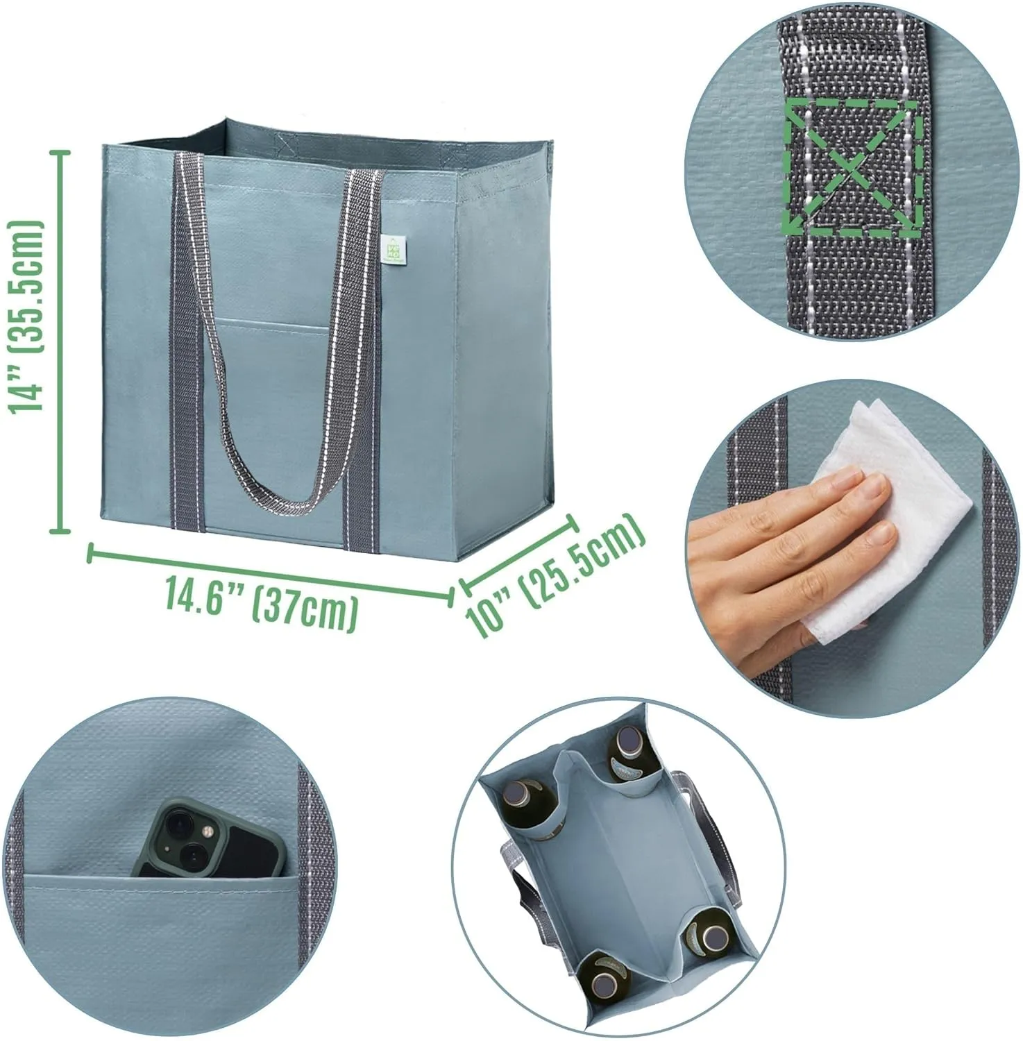 VENO 4 Pack Large Reusable Grocery Shopping Bags, Tote Bag w/ 4 Pockets & Hard Bottom, Heavy Duty Wine Carrier - Blue