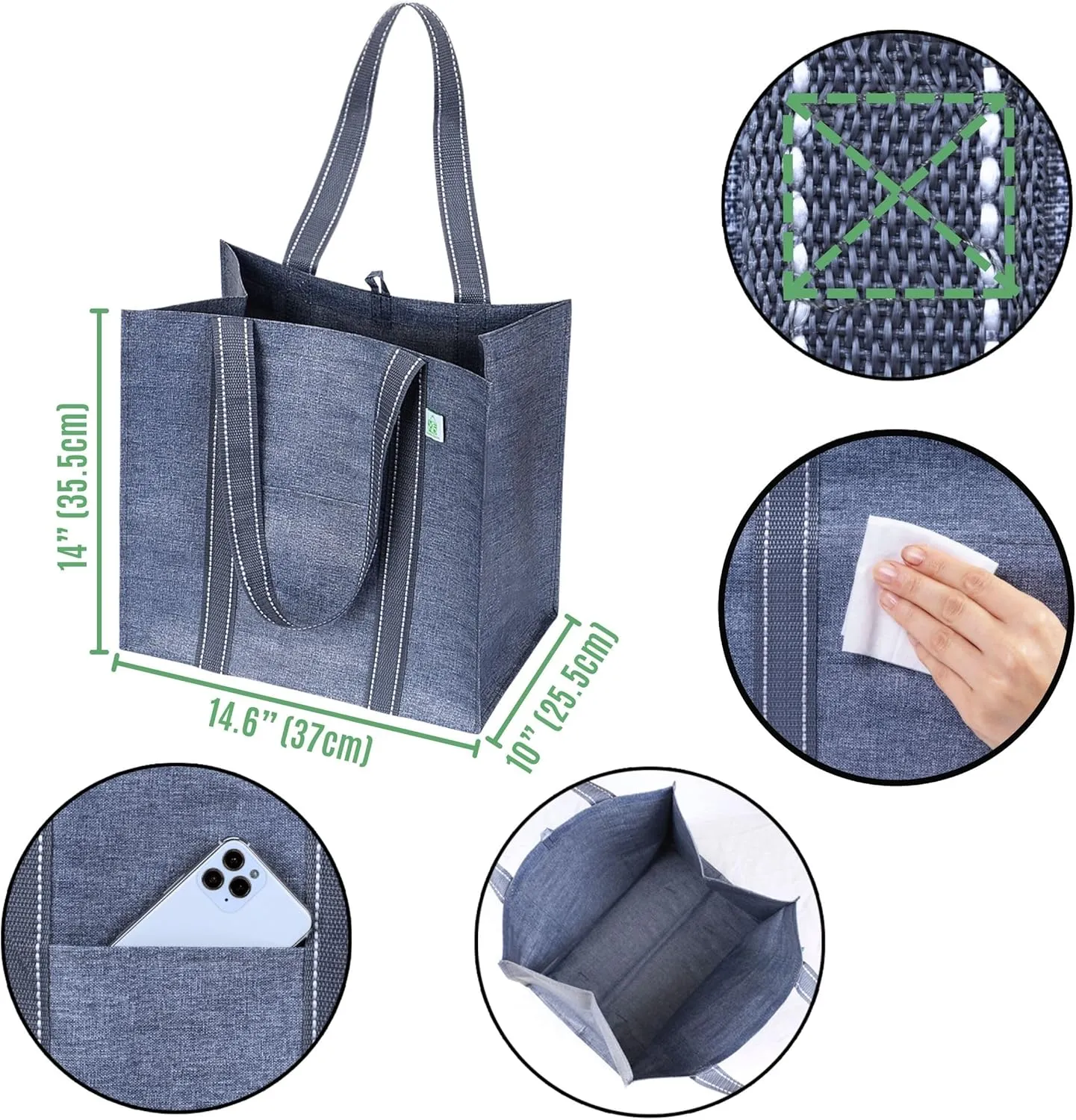 VENO 4 Pack Reusable Grocery Bags w/ Hard Bottom, Heavy-Duty Shopping Bags for Shopping Cart (Gray, 4 Pack)