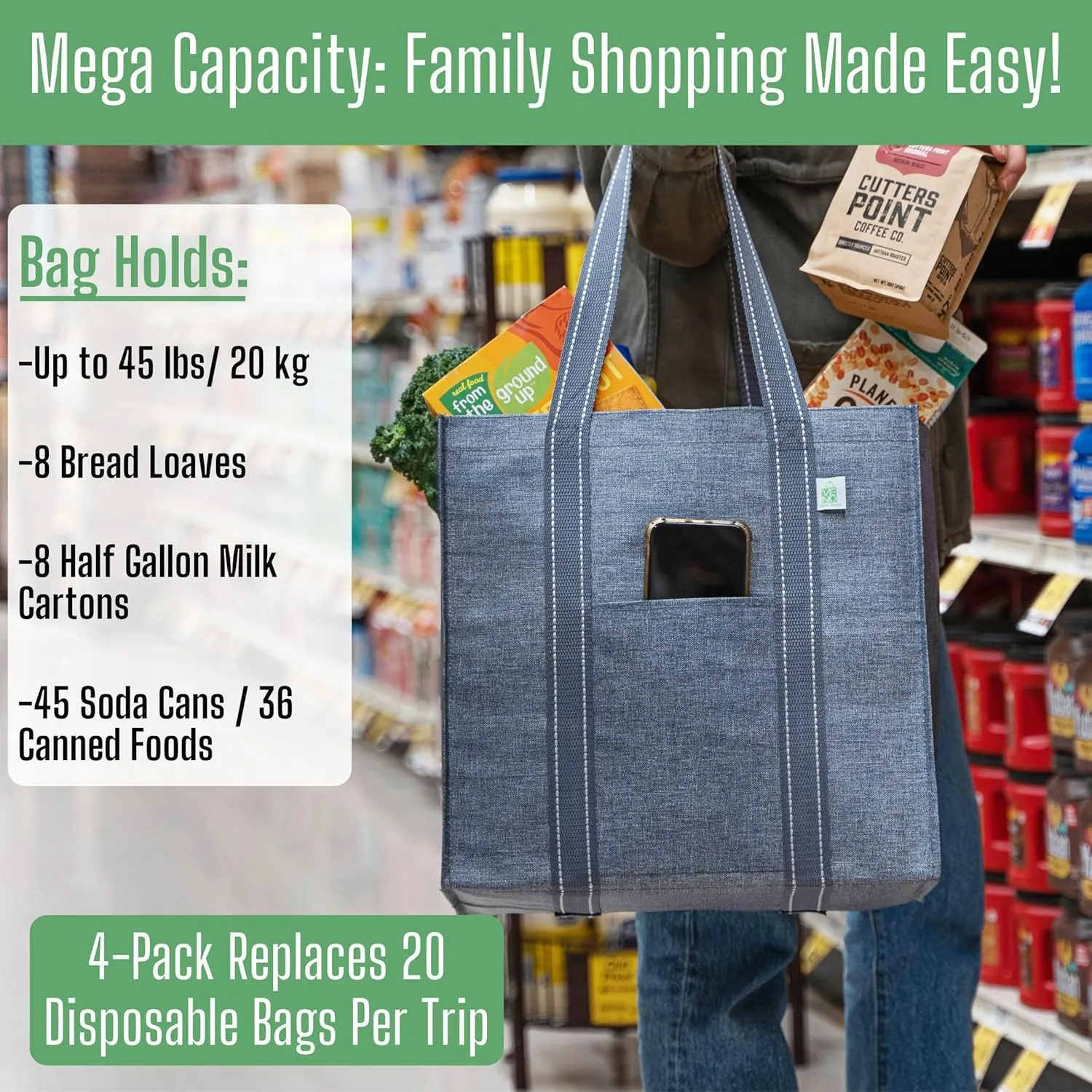 VENO 4 Pack Reusable Grocery Bags w/ Hard Bottom, Heavy-Duty Shopping Bags for Shopping Cart (Gray, 4 Pack)