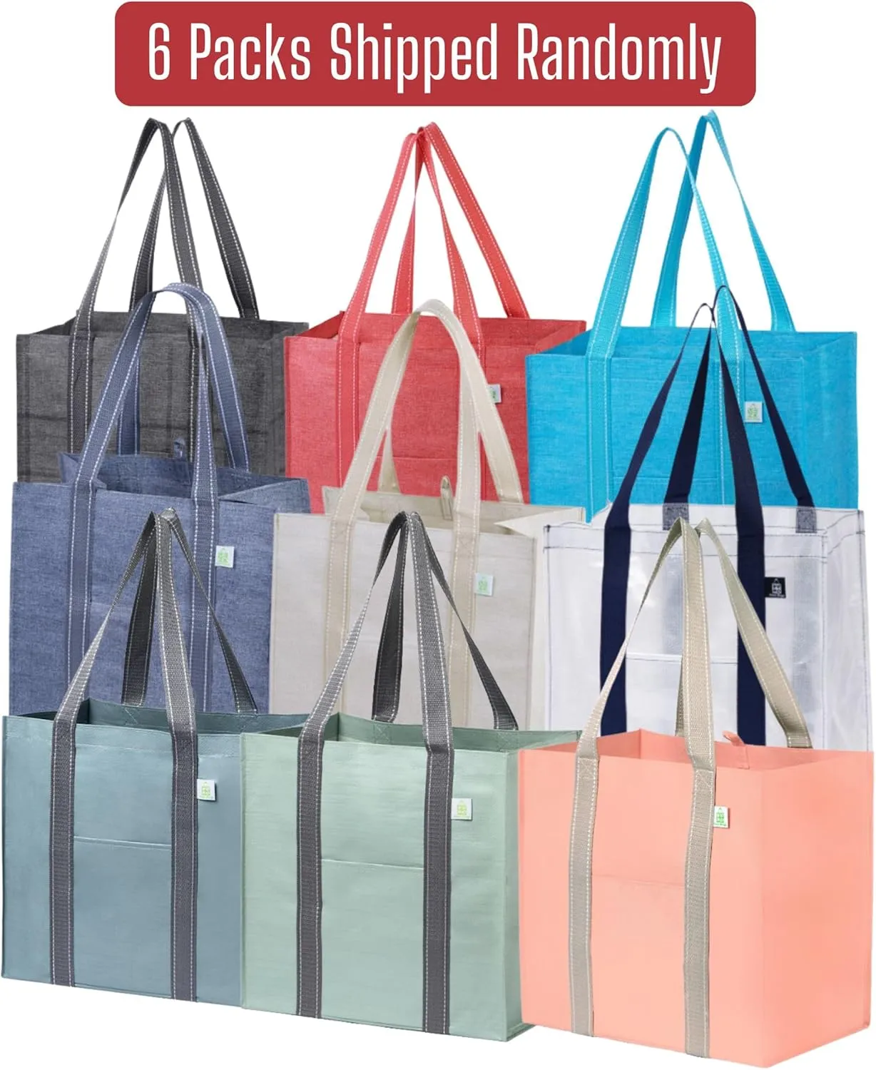 VENO 6 Pack Reusable Grocery Bags w/ Hard Bottom, Heavy-Duty Shopping Bags for Shopping Cart (Assorted, 6 Pack)