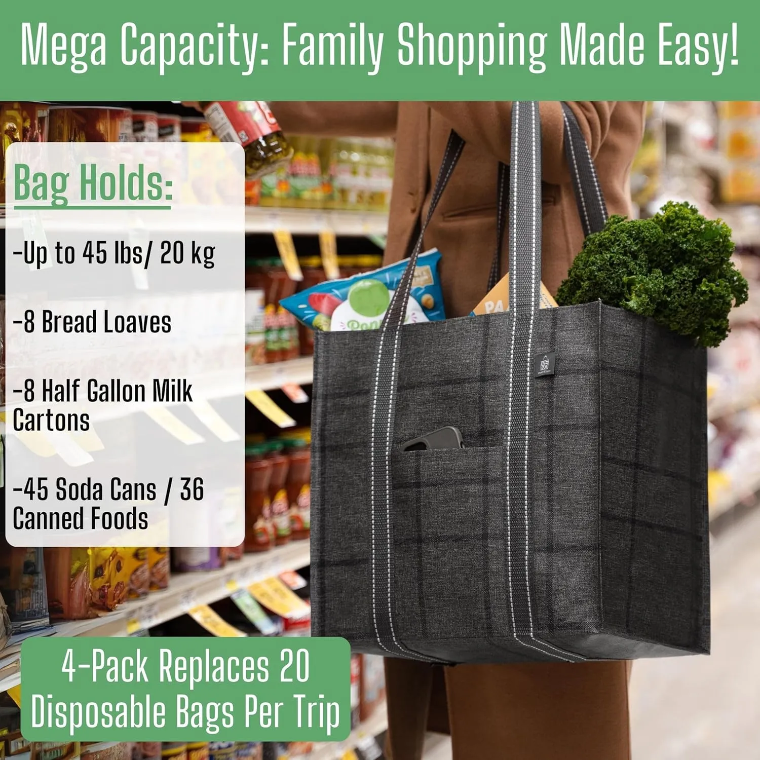 VENO 6 Pack Reusable Grocery Bags w/ Hard Bottom, Heavy-Duty Shopping Bags for Shopping Cart (Assorted, 6 Pack)