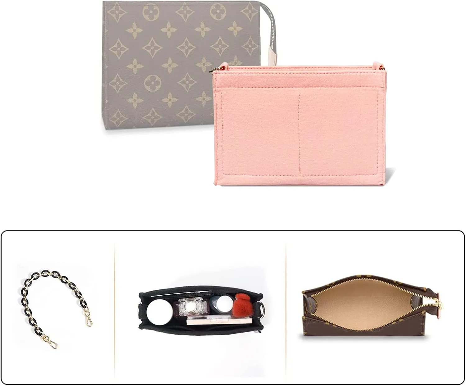 Vercord Felt Purse Insert Organizer LV 26 19 Toiletry Pouch Insert with D Ring Attach Chain Strap