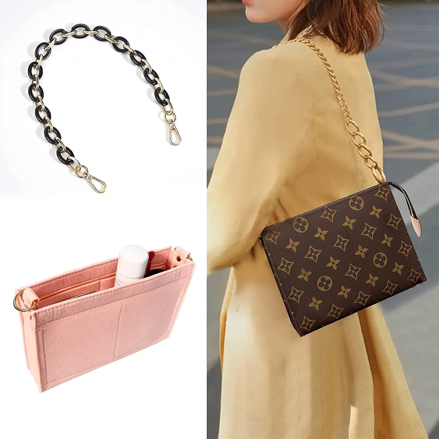 Vercord Felt Purse Insert Organizer LV 26 19 Toiletry Pouch Insert with D Ring Attach Chain Strap