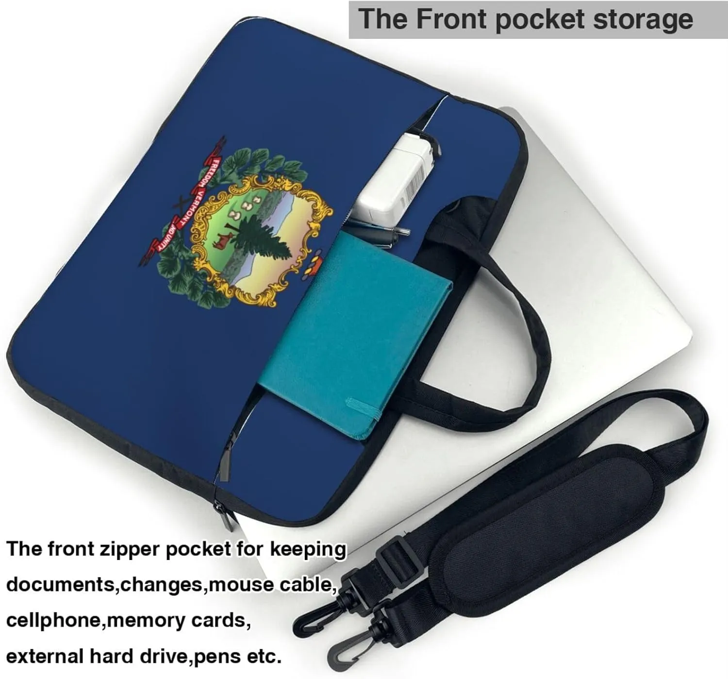 Vermont State Flag Print Laptop Adjustable Shoulder Strap With Handle Accessory Pocket For Men Women