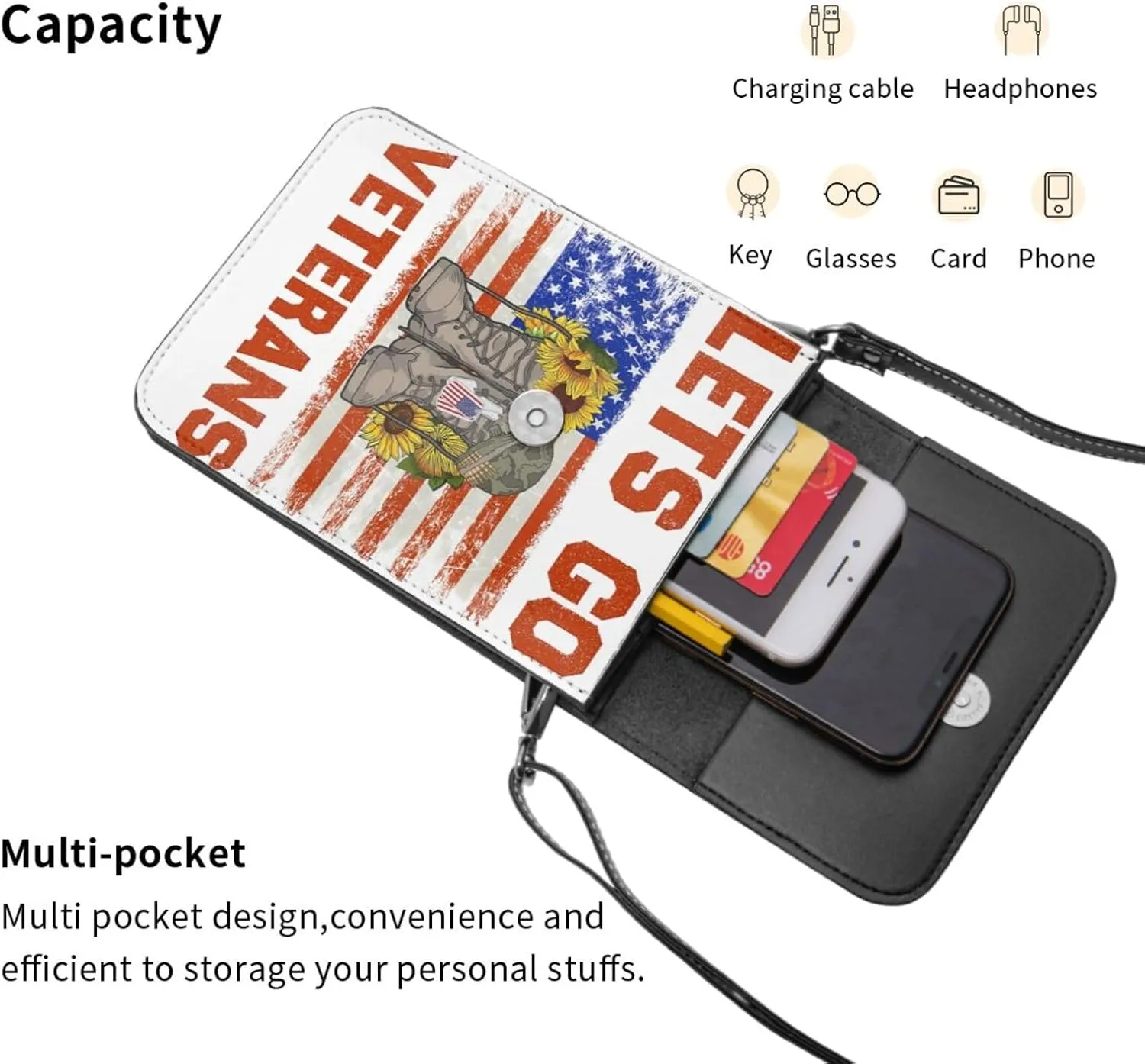 Veterans Day and Eagle USA Flag Cell Phone Purse Small Crossbody Bag For Women Men Wallet Purse With Adjustable Strap