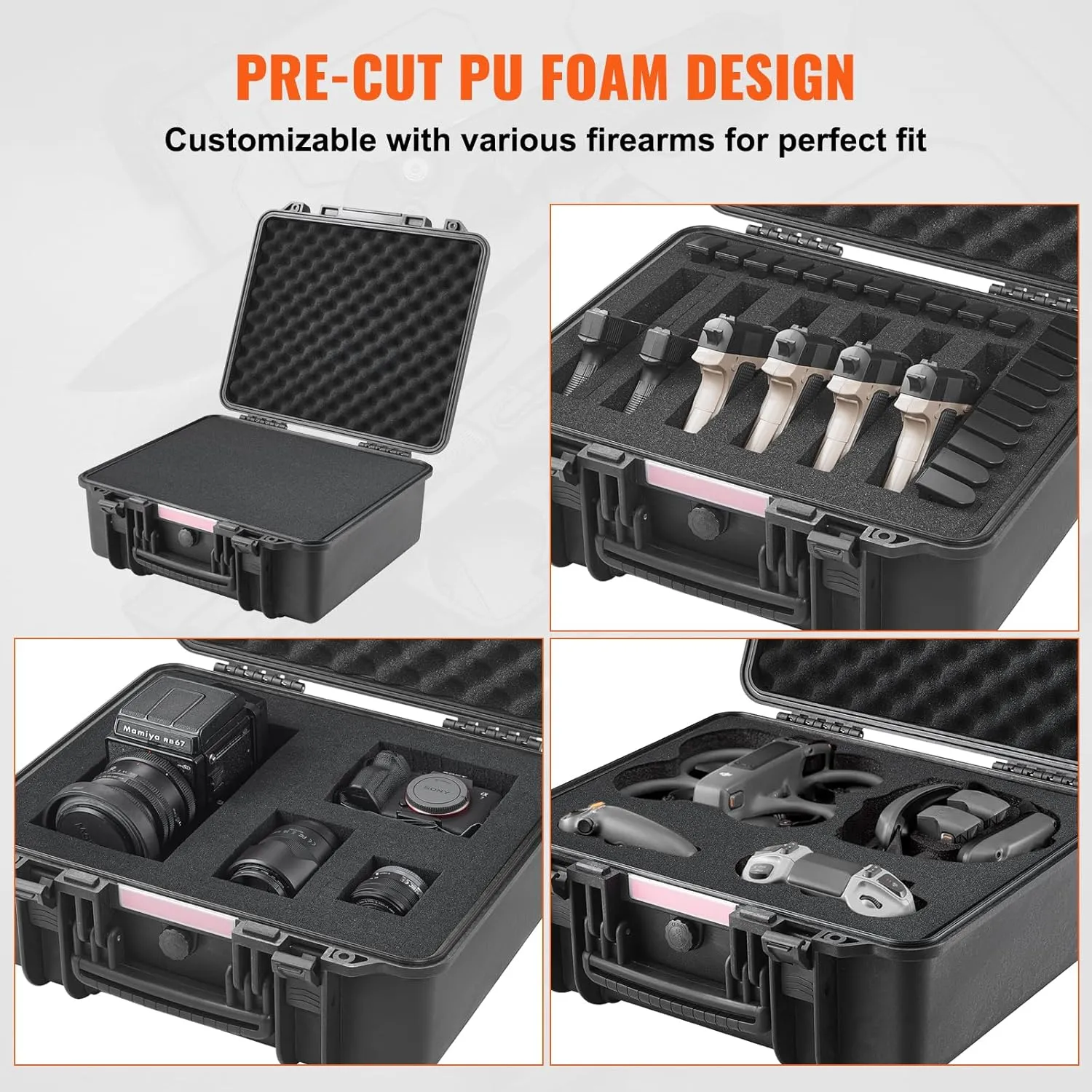 VEVOR Hard Pistol Cases with Pre-cut PU Foam, Waterproof & Dustproof Hard Gun Case for 6 Pistol & 21 Magazine, 19.3×17.1×8.3 in Lockable Pistol Case, Black