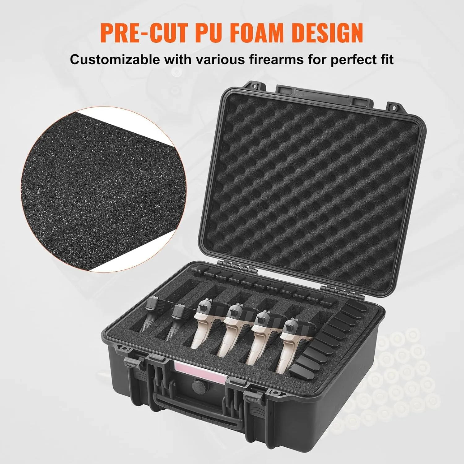 VEVOR Hard Pistol Cases with Pre-cut PU Foam, Waterproof & Dustproof Hard Gun Case for 6 Pistol & 21 Magazine, 19.3×17.1×8.3 in Lockable Pistol Case, Black
