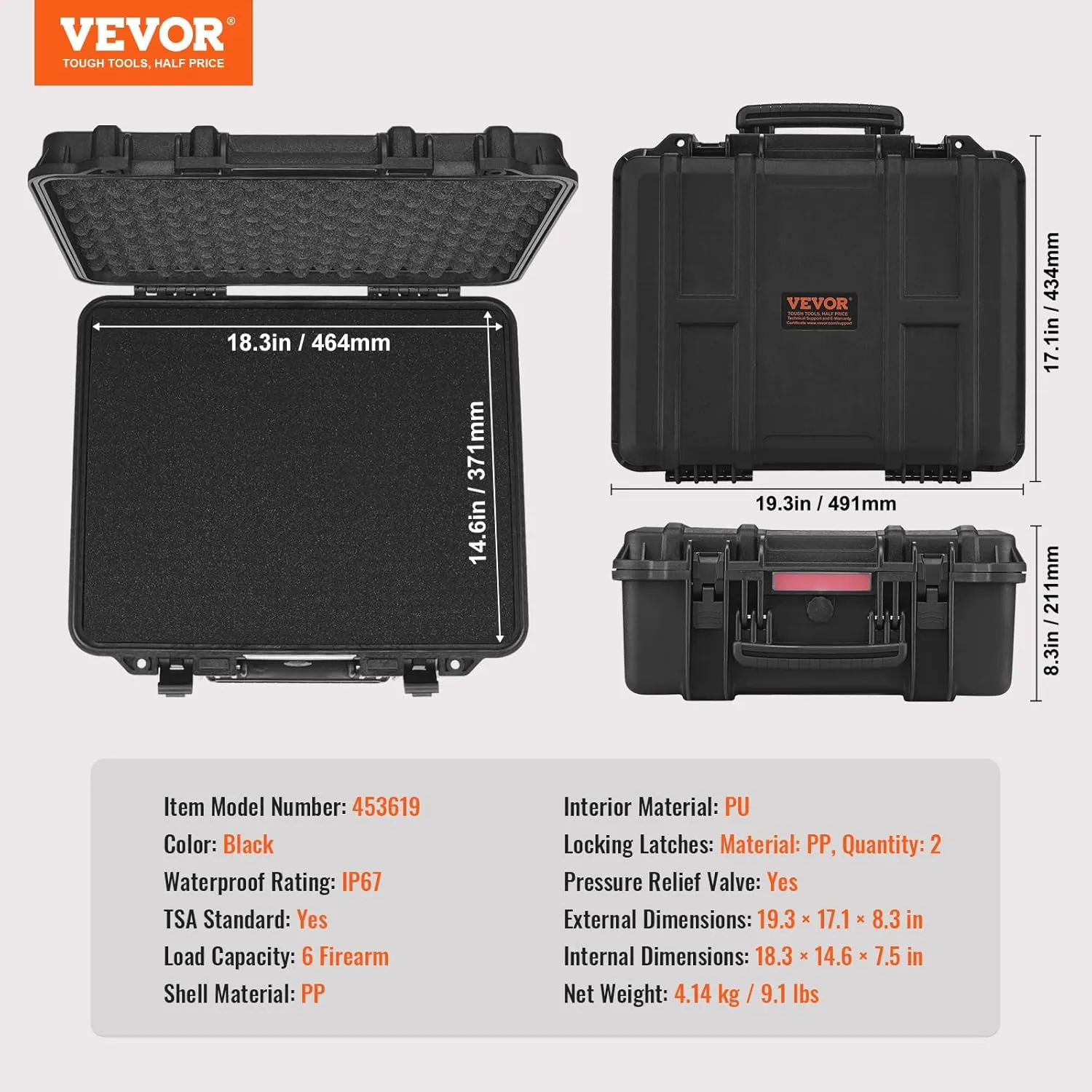 VEVOR Hard Pistol Cases with Pre-cut PU Foam, Waterproof & Dustproof Hard Gun Case for 6 Pistol & 21 Magazine, 19.3×17.1×8.3 in Lockable Pistol Case, Black