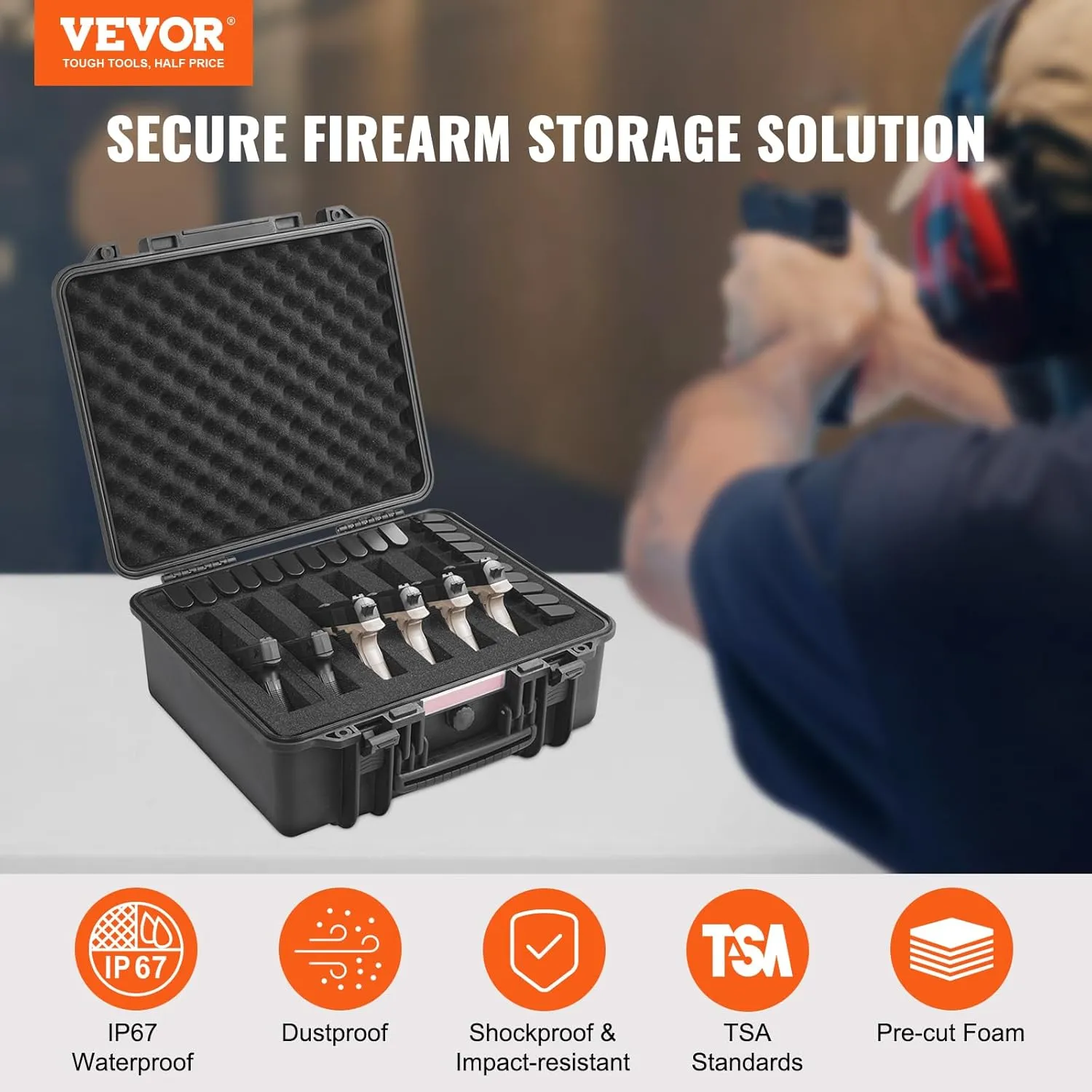 VEVOR Hard Pistol Cases with Pre-cut PU Foam, Waterproof & Dustproof Hard Gun Case for 6 Pistol & 21 Magazine, 19.3×17.1×8.3 in Lockable Pistol Case, Black