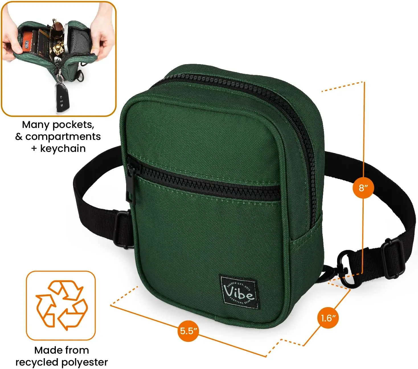 Vibe Festival Gear Small Crossbody Sling Bag for Women Men 5in1 Multi-Use from (rPET) Recycled Polyester Belt Bag Cross Body Backpack Fanny Pack Purse - Green