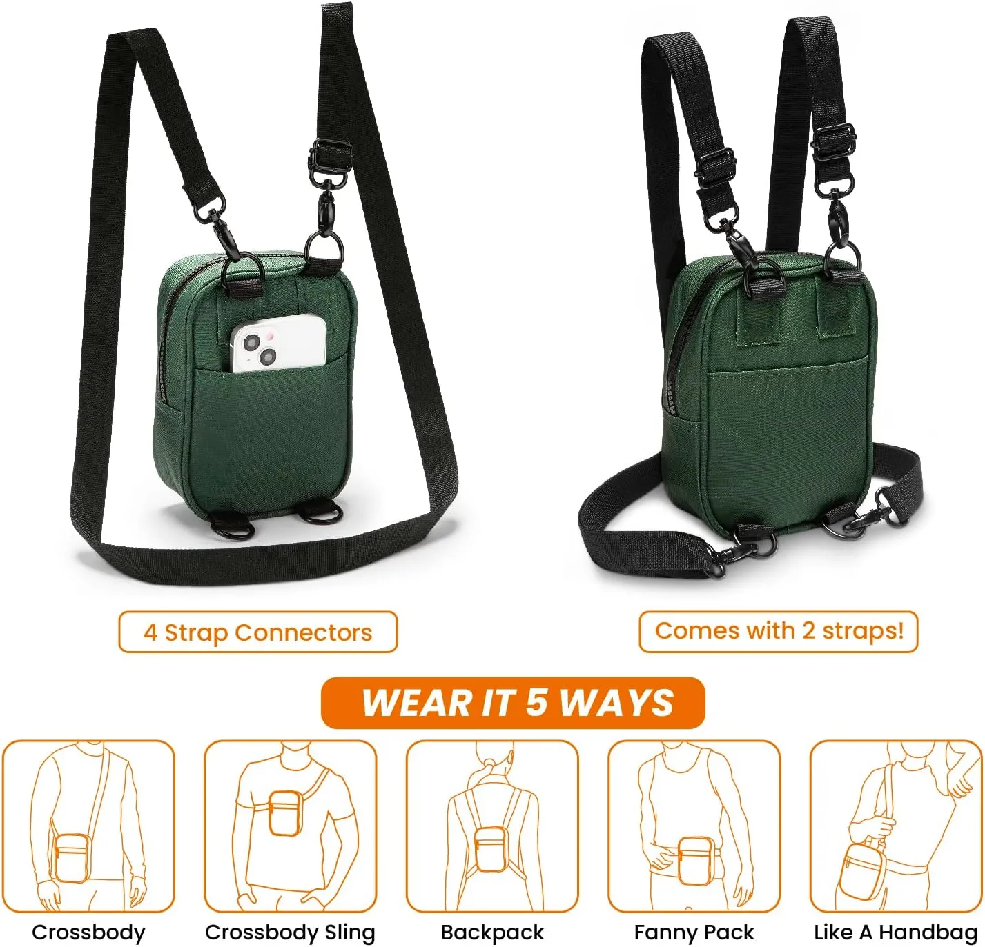 Vibe Festival Gear Small Crossbody Sling Bag for Women Men 5in1 Multi-Use from (rPET) Recycled Polyester Belt Bag Cross Body Backpack Fanny Pack Purse - Green