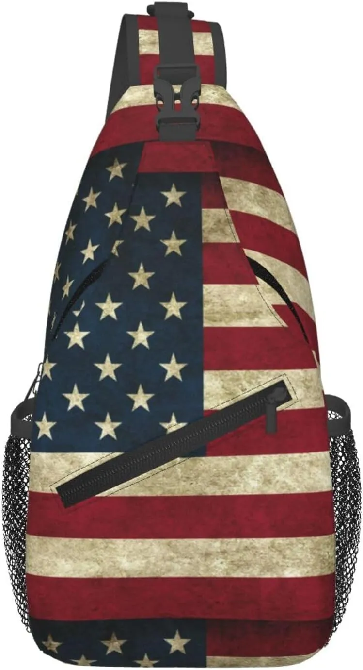 Vintage American Flag Sling Anti Theft Chest Bag For Men and Women Multipurpose Lightweight Casual Mini Backpack Single Shoulder Crossbody Bags