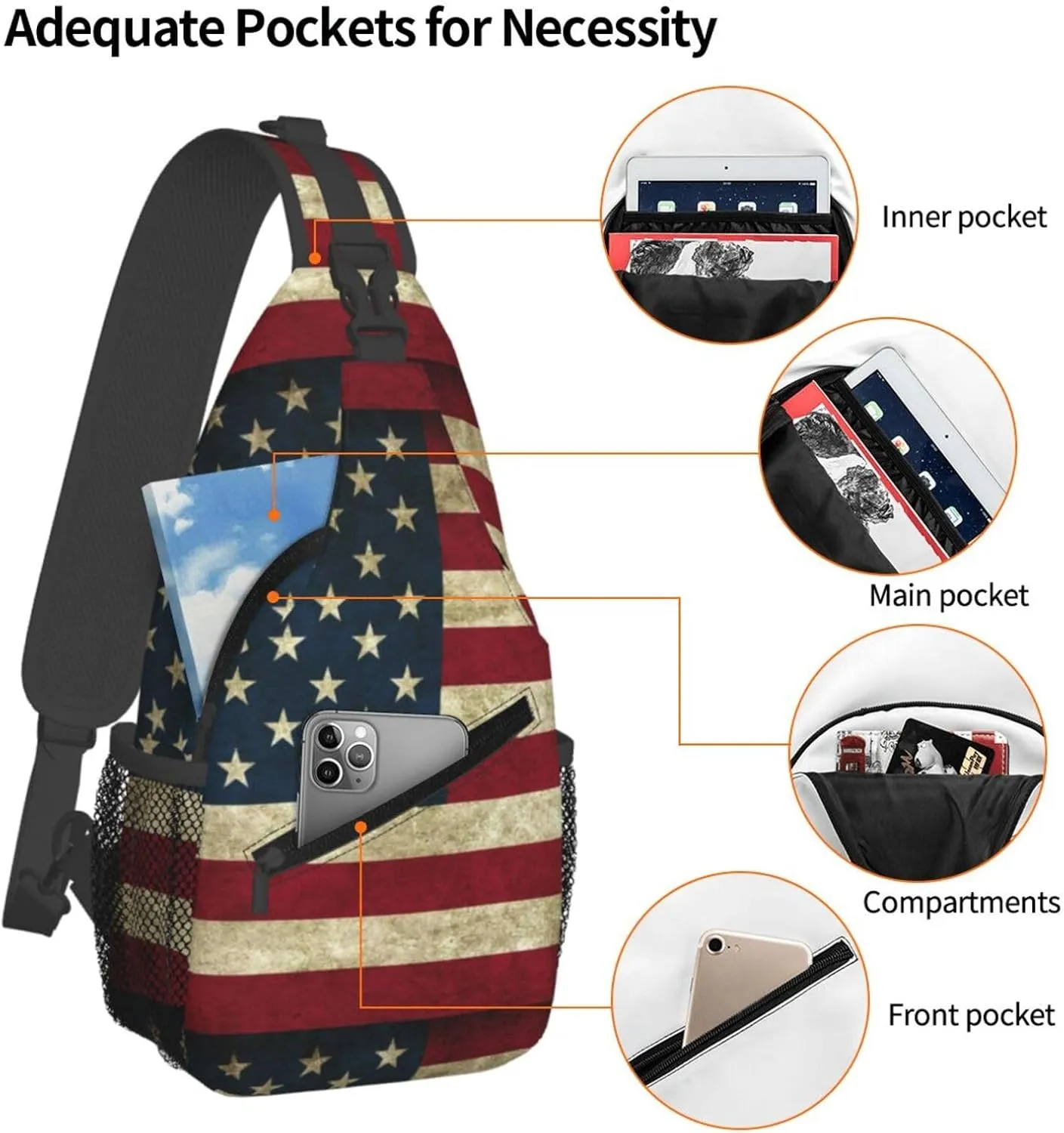 Vintage American Flag Sling Anti Theft Chest Bag For Men and Women Multipurpose Lightweight Casual Mini Backpack Single Shoulder Crossbody Bags