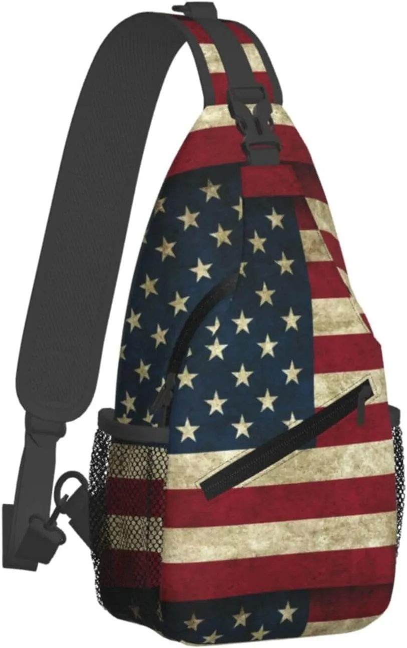Vintage American Flag Sling Anti Theft Chest Bag For Men and Women Multipurpose Lightweight Casual Mini Backpack Single Shoulder Crossbody Bags