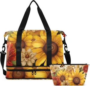 Vintage Bees Sunflowers Gym Bag for Women & Men,Duffel Bag with Shoe Pocket,Weekender Overnight Bag with Trolley Sleeve for Travel 21215734