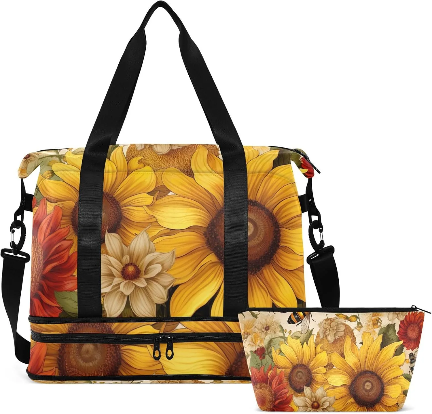Vintage Bees Sunflowers Gym Bag for Women & Men,Duffel Bag with Shoe Pocket,Weekender Overnight Bag with Trolley Sleeve for Travel 21215734