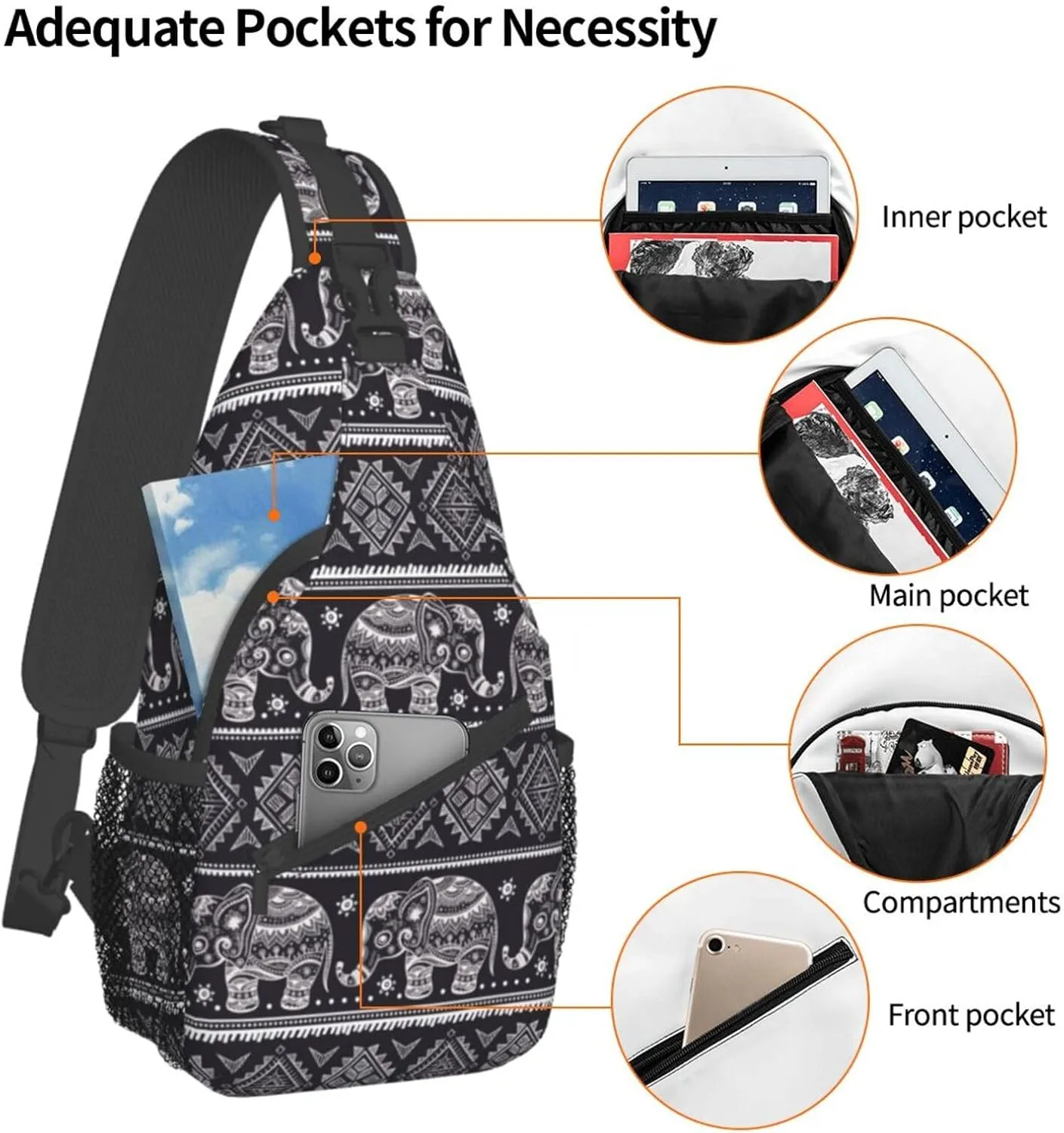 Vintage Elephant Sling Backpack Unisex Crossbody Chest Bag Shoulder Chest Bag For Women Men Hiking Travel