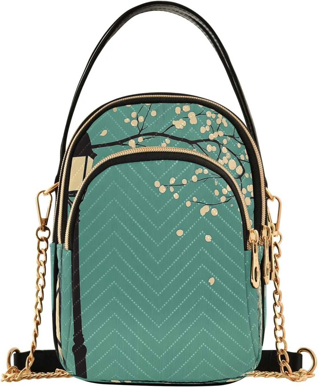 Vintage Street Lamp and Cherry Blossoms Women Trendy Quilted Crossbody Bag Sling Bags Handbags with Chain Strap Travel Cross Body Cell Phone Purses Bags