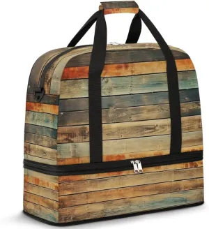 Vintage Wooden Texture Travel Duffel Bag for Women Men, Farmhouse Wood Stripes Sports Gym Bag with Shoes Compartment Foldable Overnight Bag Weekender Tote Workout Carry On Luggage Bag