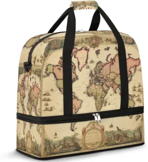Vintage World Map Travel Duffel Bag for Women Men, Education Map Sports Gym Bag with Shoes Compartment Foldable Overnight Bag Weekender Tote Workout Carry On Luggage Bag