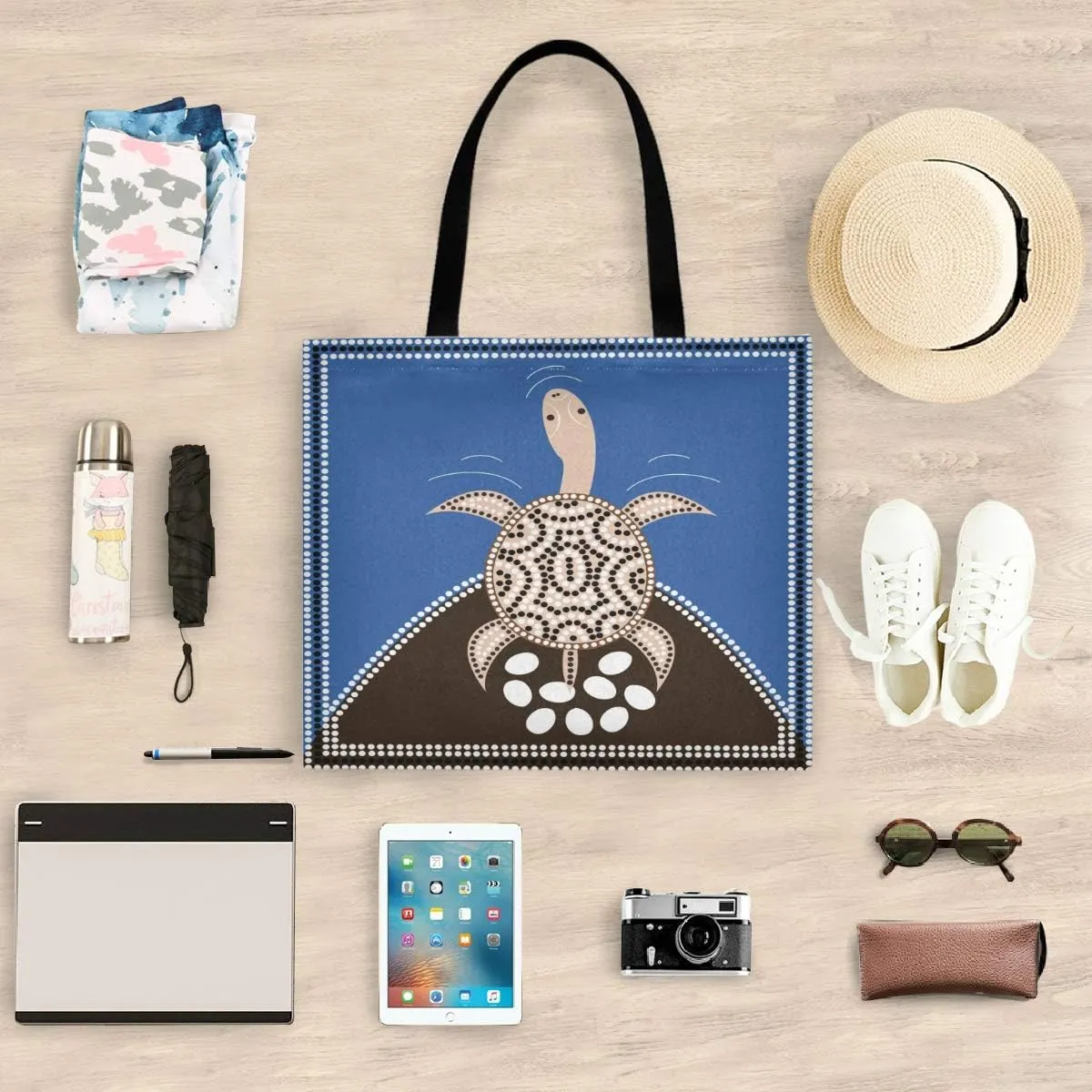 visesunny Women's Large Canvas Tote Shoulder Bag Aboriginal Style Longneck Turtle Animal Top Storage Handle Shopping Bag Casual Reusable Tote Bag for Beach,Travel,Groceries,Books