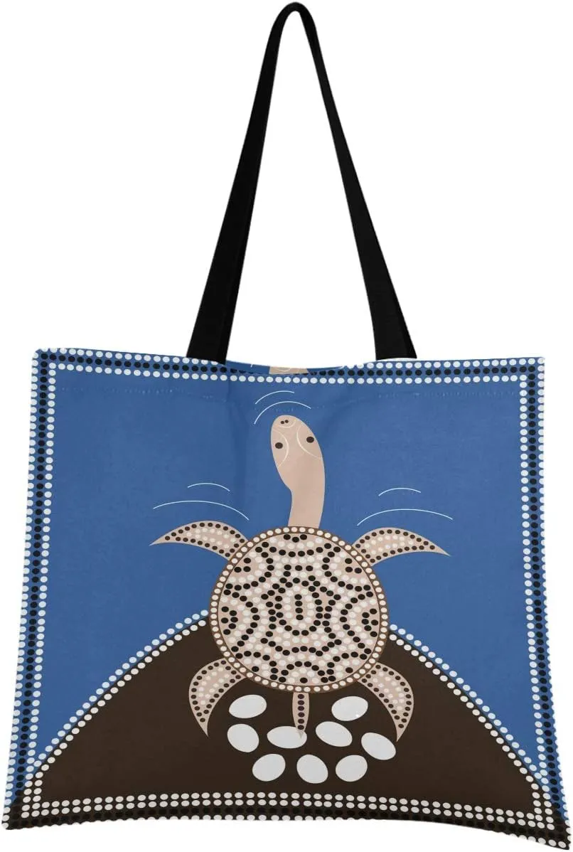 visesunny Women's Large Canvas Tote Shoulder Bag Aboriginal Style Longneck Turtle Animal Top Storage Handle Shopping Bag Casual Reusable Tote Bag for Beach,Travel,Groceries,Books