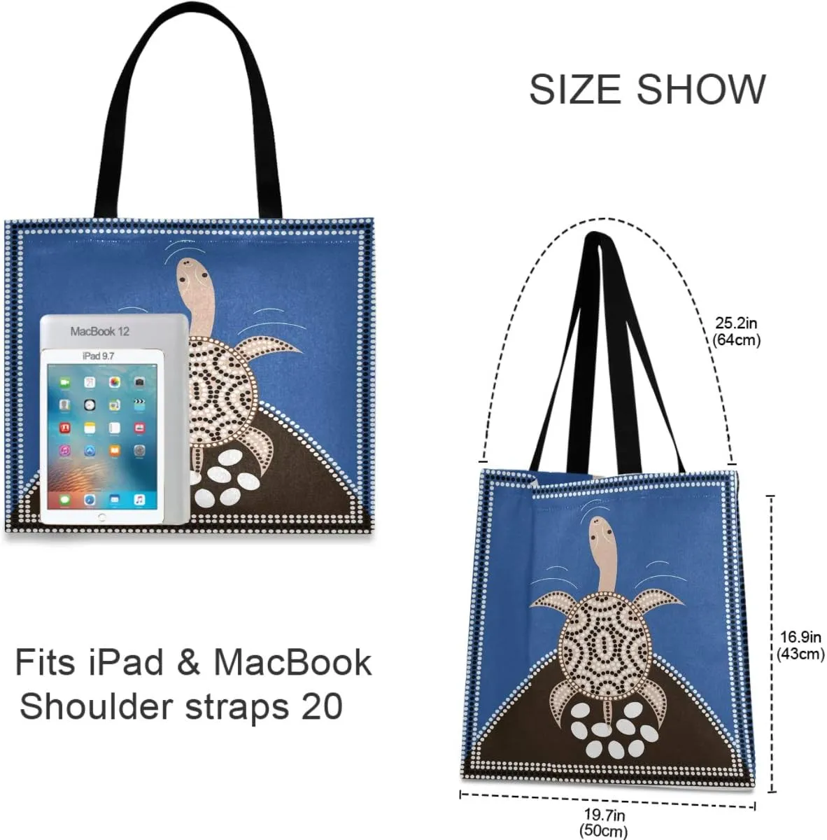 visesunny Women's Large Canvas Tote Shoulder Bag Aboriginal Style Longneck Turtle Animal Top Storage Handle Shopping Bag Casual Reusable Tote Bag for Beach,Travel,Groceries,Books