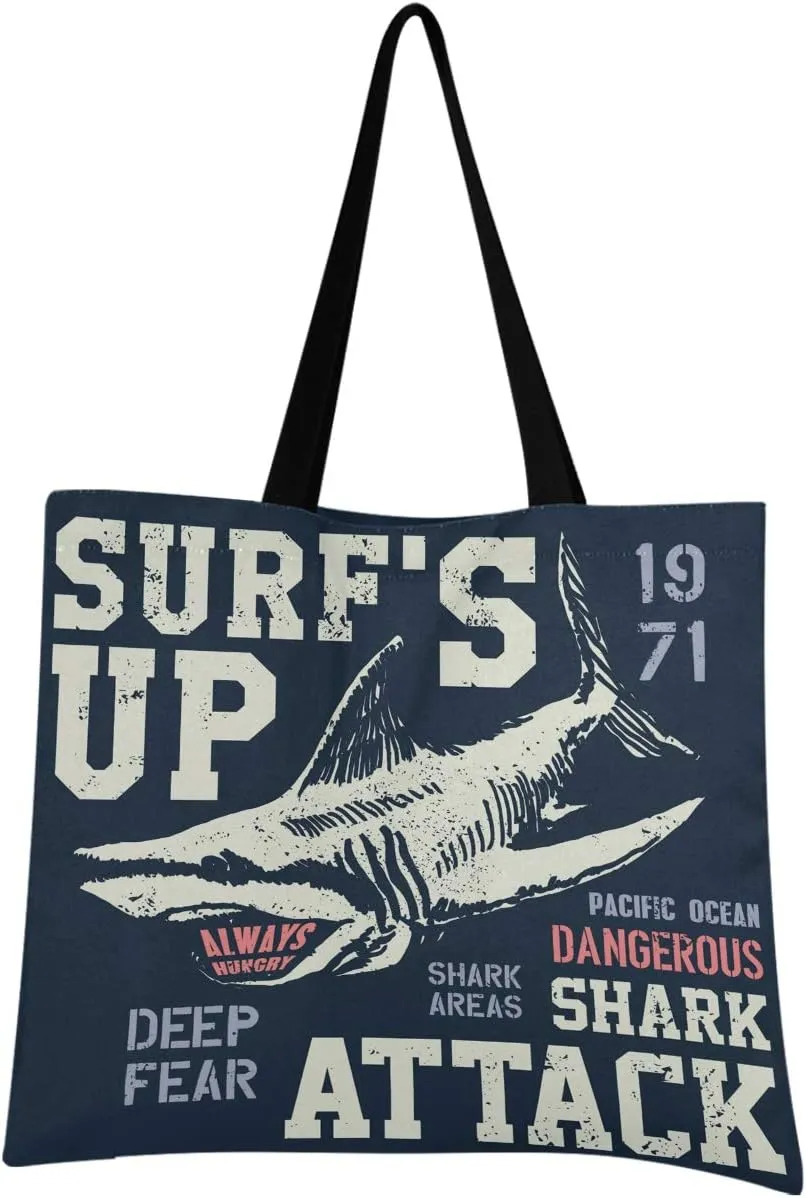 visesunny Women's Large Canvas Tote Shoulder Bag Dangerous Shark Animal Top Storage Handle Shopping Bag Casual Reusable Tote Bag for Beach,Travel,Groceries,Books