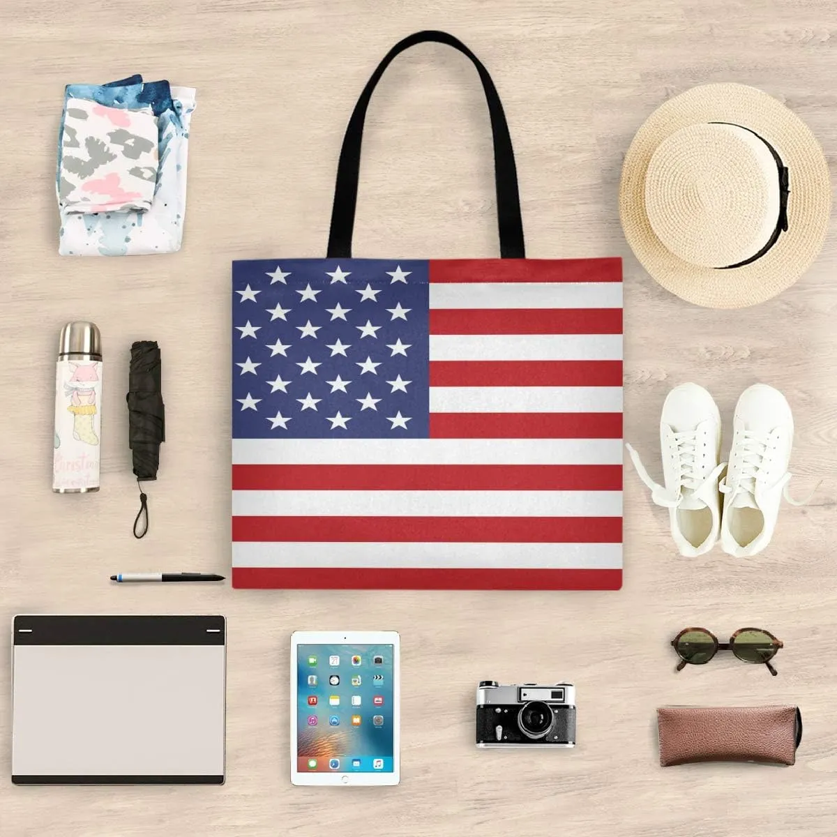 Visesunny Women's Large Canvas Tote Shoulder Bag Patriotic USA Flag Top Storage Handle Shopping Bag Casual Reusable Tote for Beach, Travel, Groceries, Books