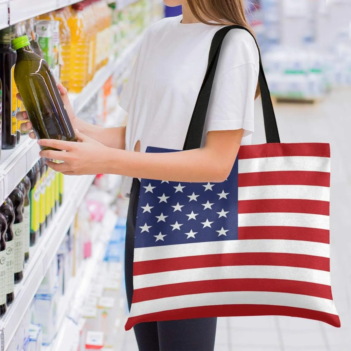 Visesunny Women's Large Canvas Tote Shoulder Bag Patriotic USA Flag Top Storage Handle Shopping Bag Casual Reusable Tote for Beach, Travel, Groceries, Books