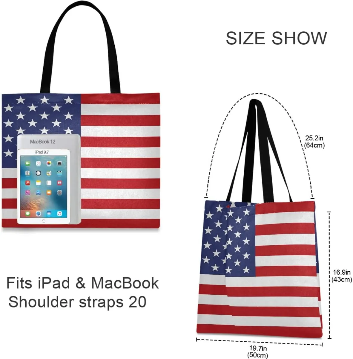 Visesunny Women's Large Canvas Tote Shoulder Bag Patriotic USA Flag Top Storage Handle Shopping Bag Casual Reusable Tote for Beach, Travel, Groceries, Books