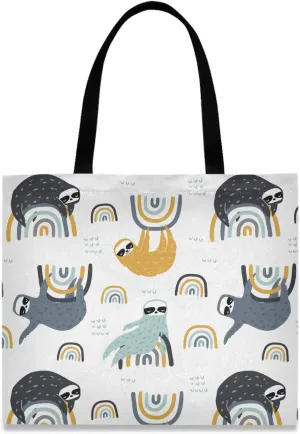 Visesunny Women's Large Canvas Tote Shoulder Bag - Sloth On Rainbow Top Storage Handle Casual Reusable Tote Bag for Beach, Travel, Groceries, Books