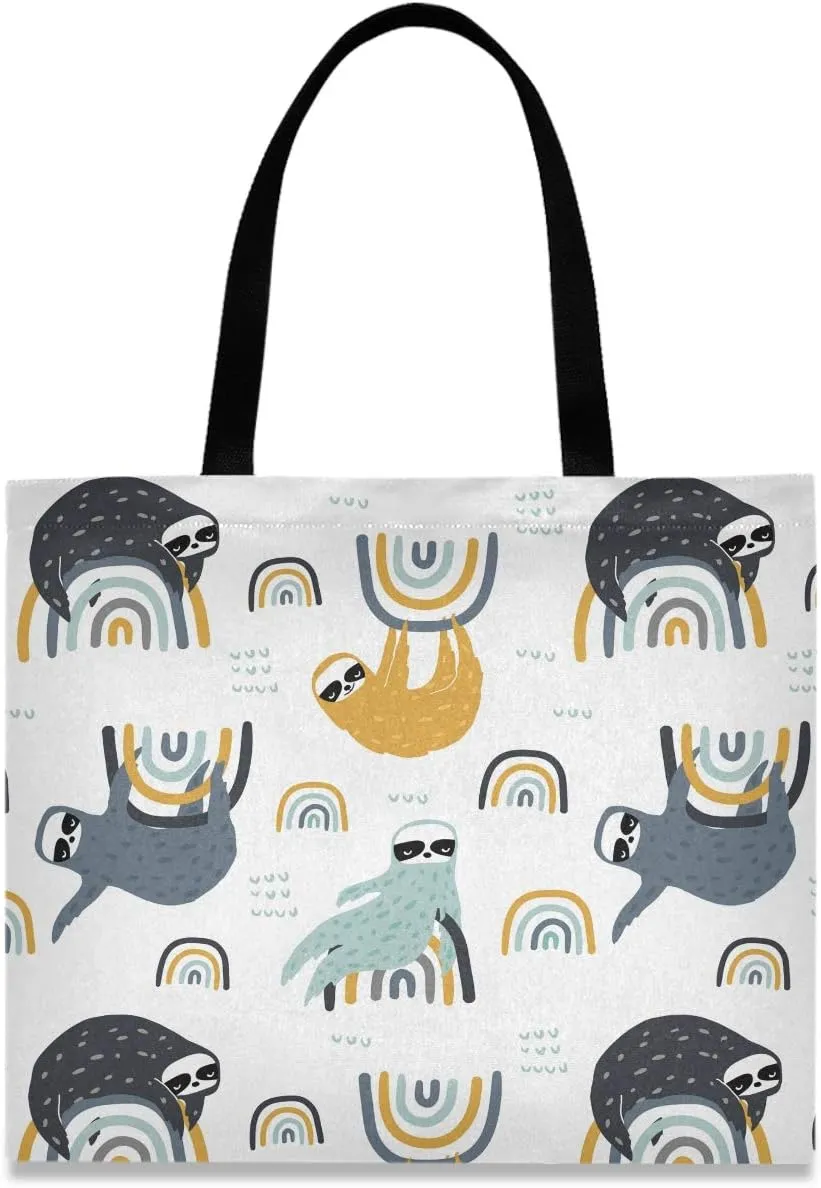 Visesunny Women's Large Canvas Tote Shoulder Bag - Sloth On Rainbow Top Storage Handle Casual Reusable Tote Bag for Beach, Travel, Groceries, Books