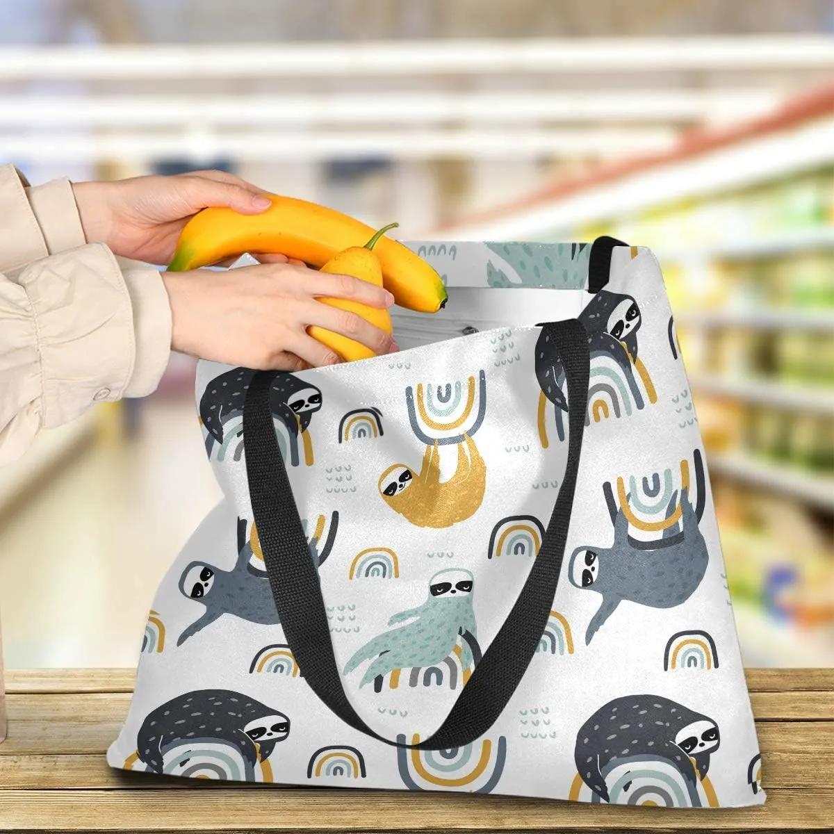 Visesunny Women's Large Canvas Tote Shoulder Bag - Sloth On Rainbow Top Storage Handle Casual Reusable Tote Bag for Beach, Travel, Groceries, Books