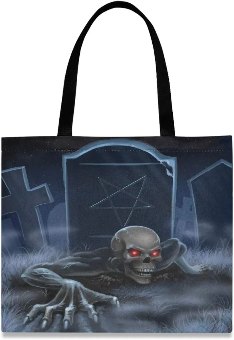 visesunny Women's Large Canvas Tote Shoulder Bag Zombie Crawl Out Of Black Grave Top Storage Handle Shopping Bag Casual Reusable Tote Bag for Beach,Travel,Groceries,Books