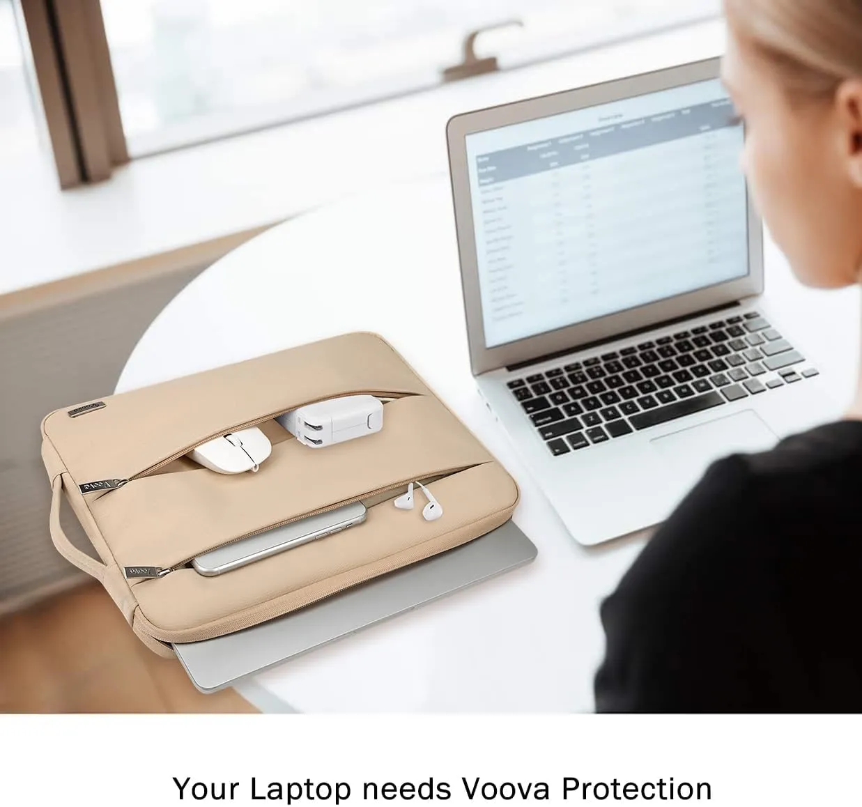 Voova 15.6-16 Inch Laptop Sleeve Carrying Case, Waterproof Computer Bag Cover compatible with MacBook Pro 16 M3 M2 M1 Pro/Max 2023-2019, Dell XPS 15,15-16 Inch HP Lenovo Acer Asus Chromebook, Apricot