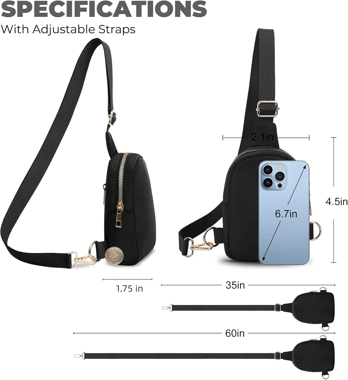 VOROLO Crossbody Sling Bag，Fanny Pack Ideal Gift for Women and Men Sling Chest Bag with Ajustable Strap Small Trendy Sling Crossbody Bag Dark Black