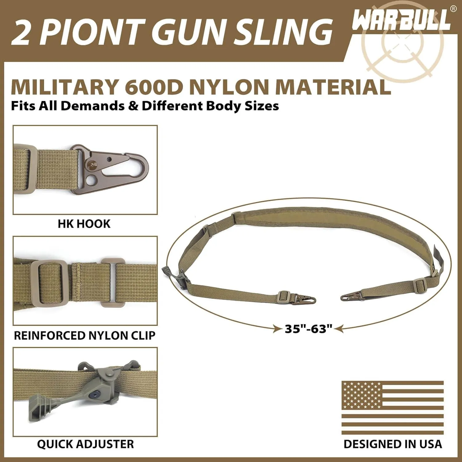 WarBull 2 Point Rifle Sling, QD Swivel Quick Adjust Gun Sling with HK Hook, Soft Shoulder Pad Tactical Rifle Sling for Rifle Shotgun and Crossbow, Hunting and Outdoor Sports with Keychain Gift