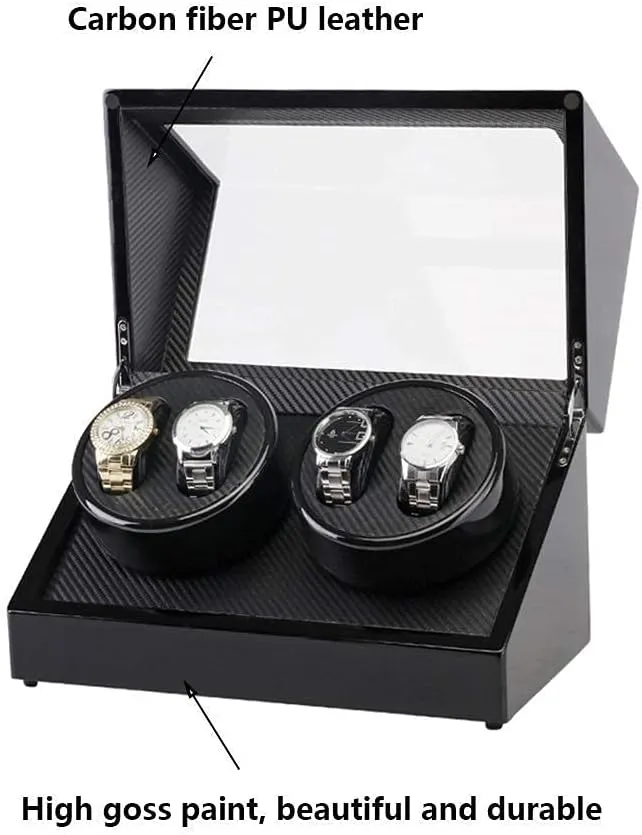 Watch Winder for 4 Watches Wood Shell Piano Paint Exterior Carbon Fiber Leather Extremely Silent Motor Watches