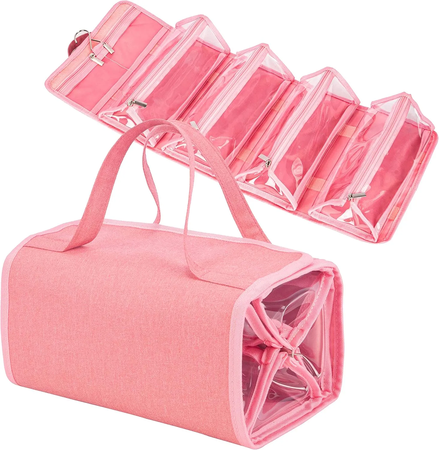 Water Resistant 4 in 1 Hanging Roll Up Travel Toiletry Bag Makeup Cosmetic Storage Case Hair Beauty First Aid Kits Organizer Bag LOL Doll Toy Storage Case With 4 Removable PVC Zipper Pouch (Pink)