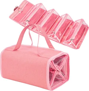 Water Resistant 4 in 1 Hanging Roll Up Travel Toiletry Bag Makeup Cosmetic Storage Case Hair Beauty First Aid Kits Organizer Bag LOL Doll Toy Storage Case With 4 Removable PVC Zipper Pouch (Pink)