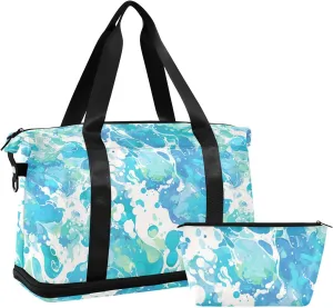 watercolor abstract blue liquid Duffel Bags Weekender Duffel Bag Sports Tote Gym Bag with Adjustable Strap for Workout 2 Pcs Set