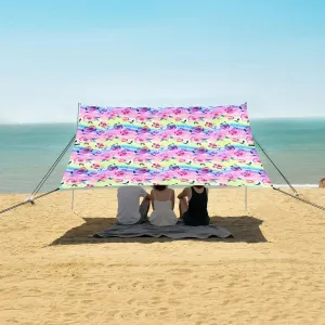 Watercolor Abstract Florals Flowers Beach Canopy Tent Anti-UV & Wind Resistant, Colorful Tie Dye Camping Sun Shelter Easy Setup Portable,Outdoor Shade Tents with Sandbags,Sand Shovels,Ground Pe